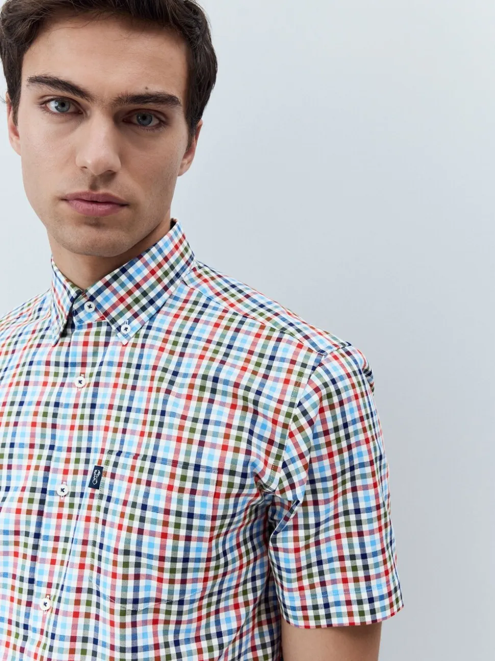 Blauw/rood geruit - Strijvrij Oxford overhemd met korte mouwen en knopen