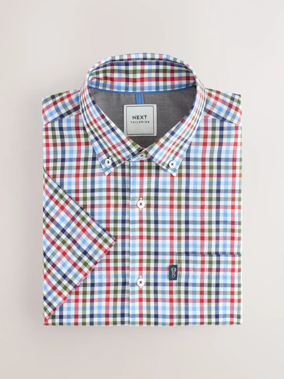 Blauw/rood geruit - Strijvrij Oxford overhemd met korte mouwen en knopen