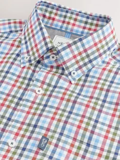 Blauw/rood geruit - Strijvrij Oxford overhemd met korte mouwen en knopen
