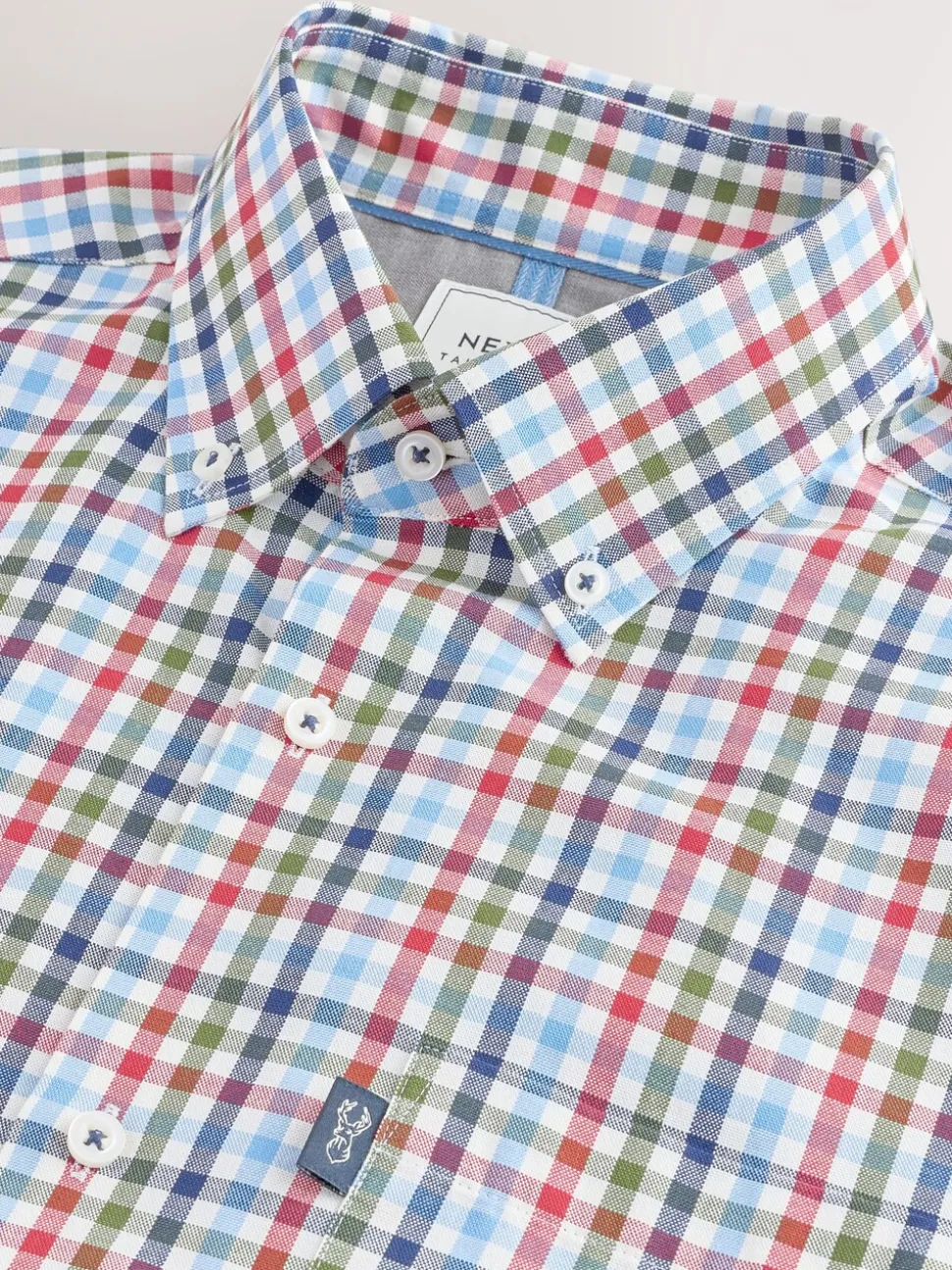Blauw/rood geruit - Strijvrij Oxford overhemd met korte mouwen en knopen
