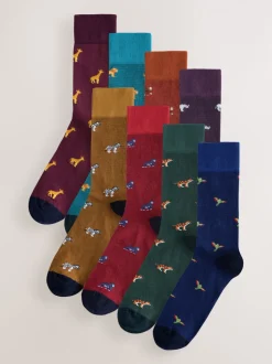 Blauw/rood met safaridieren - 8 Paar sokken met leuk patroon
