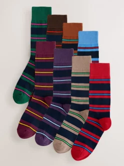 Blauw/rood/bruin gestreept - Set van 8 sokken met patroon