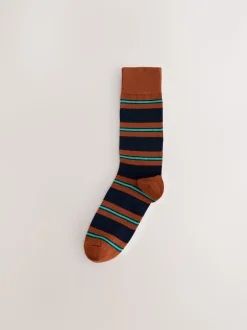 Blauw/rood/bruin gestreept - Set van 8 sokken met patroon