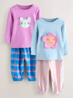 Blauw/roze met figuurtjes - Check Woven Bottoms Pyjamas 2 Pack (9mths-10yrs)
