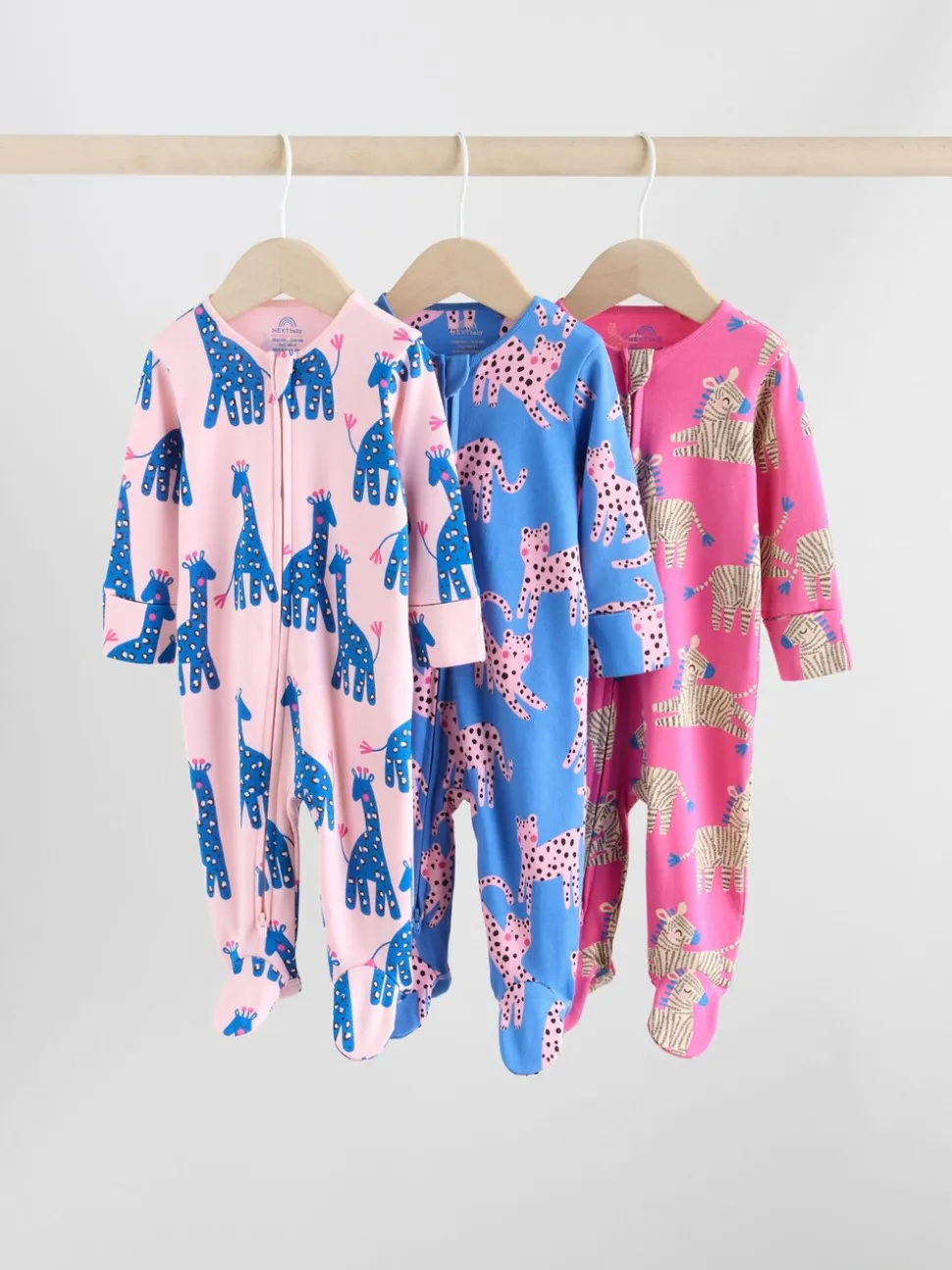 Blauw/roze met karakteristieke dierenprint - 3 Pack Baby-pyjama's met tweewegrits (0mnd -2jr)