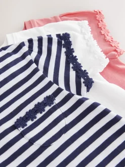 Blauw/roze/wit - Verpakking van 3 T-shirts met madeliefjesrand (1,5 - 16 jr)