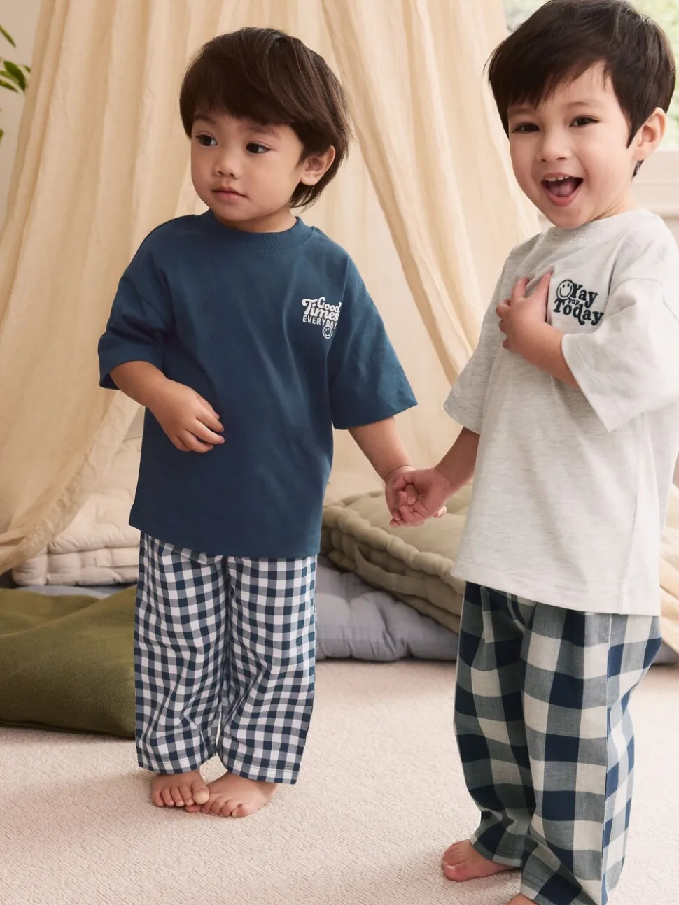 Blauw/wit - Korte mouwen lange pyjama's 2 verpakking (9mnd-12jr)