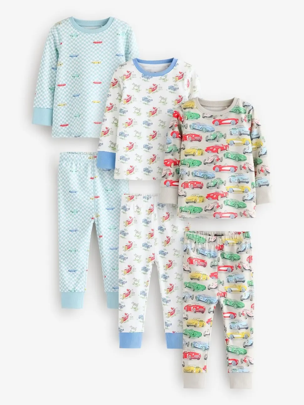 Blauw/wit met auto's - Verpakking van 3 knusse pyjama's