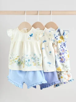 Blauw/wit met bloemenprint - 6 -delig Baby Set van T-shirt met ruches en short (0mnd-2jr)