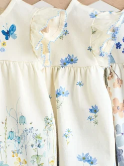 Blauw/wit met bloemenprint - 6 -delig Baby Set van T-shirt met ruches en short (0mnd-2jr)