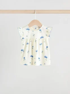 Blauw/wit met bloemenprint - 6 -delig Baby Set van T-shirt met ruches en short (0mnd-2jr)