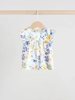 Blauw/wit met bloemenprint - 6 -delig Baby Set van T-shirt met ruches en short (0mnd-2jr)