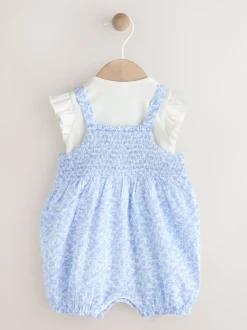 Blauw/wit met bloemenprint - Babyset van rompertje met korte mouwen en bretelbroek (0mnd -2jr)