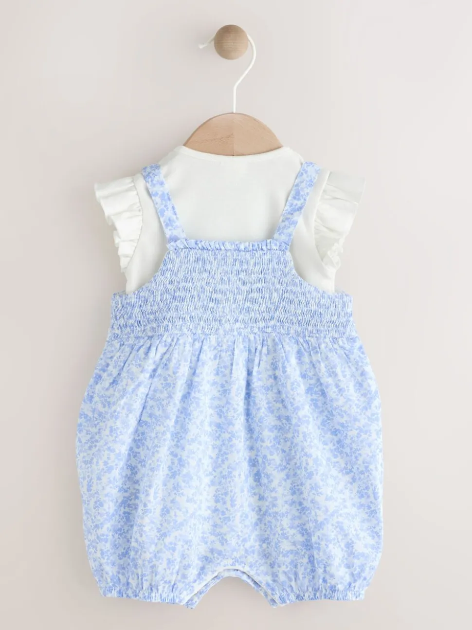 Blauw/wit met bloemenprint - Babyset van rompertje met korte mouwen en bretelbroek (0mnd -2jr)