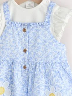 Blauw/wit met bloemenprint - Babyset van rompertje met korte mouwen en bretelbroek (0mnd -2jr)