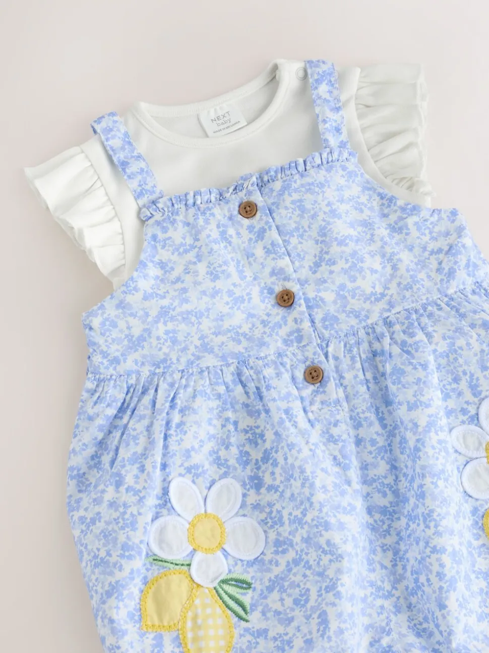 Blauw/wit met bloemenprint - Babyset van rompertje met korte mouwen en bretelbroek (0mnd -2jr)