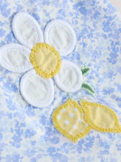Blauw/wit met bloemenprint - Babyset van rompertje met korte mouwen en bretelbroek (0mnd -2jr)