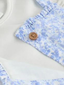 Blauw/wit met bloemenprint - Babyset van rompertje met korte mouwen en bretelbroek (0mnd -2jr)