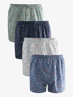 Blauw/wit/groen met bloemenprint - Verpakking van 4 - Geweven boxershorts van puur katoen
