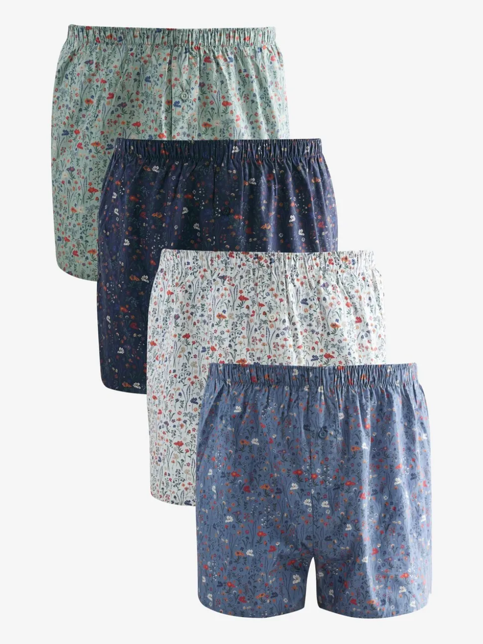 Blauw/wit/groen met bloemenprint - Verpakking van 4 - Geweven boxershorts van puur katoen