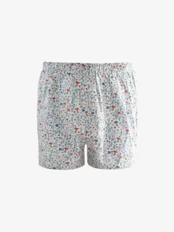 Blauw/wit/groen met bloemenprint - Verpakking van 4 - Geweven boxershorts van puur katoen