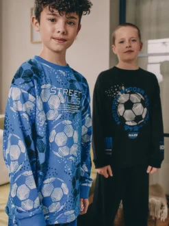 Blauw/zwart met voetbal - Verpakking van 2 pyjama's met lange mouwen (3-16 jr)