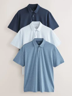 Blue marineblauw met geometrisch motief - Set van 3 jersey poloshirts met korte mouwen