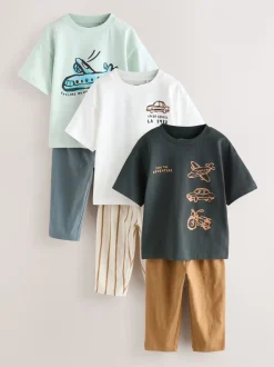 Blue/Black/White Vehicles - Set van 3 T-shirts met korte mouwen en joggingbroeken (3mnd -7jr)