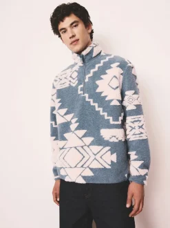 Blue/Ecru Geometric Matching Family - Zip Neck Printed Fleece