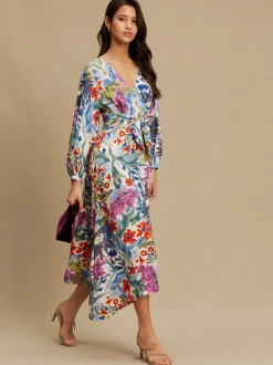 Blue/Green Floral Print - V-Neck Tie Waist Long Sleeve Midi Dress