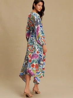 Blue/Green Floral Print - V-Neck Tie Waist Long Sleeve Midi Dress