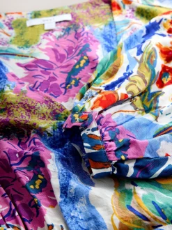 Blue/Green Floral Print - V-Neck Tie Waist Long Sleeve Midi Dress