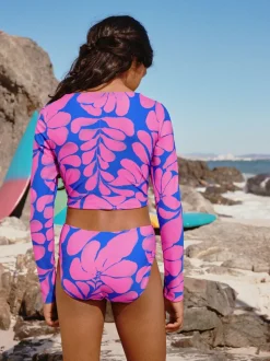Blue/Pink Floral Print - Bikini met lange mouwen (3-16 jr)