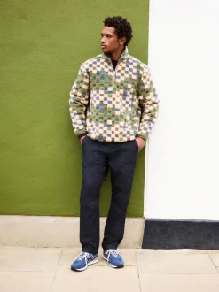 Blue/Tan Checkerboard - Half met rits - Fleece trui met print