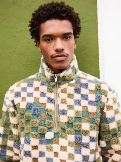 Blue/Tan Checkerboard - Half met rits - Fleece trui met print