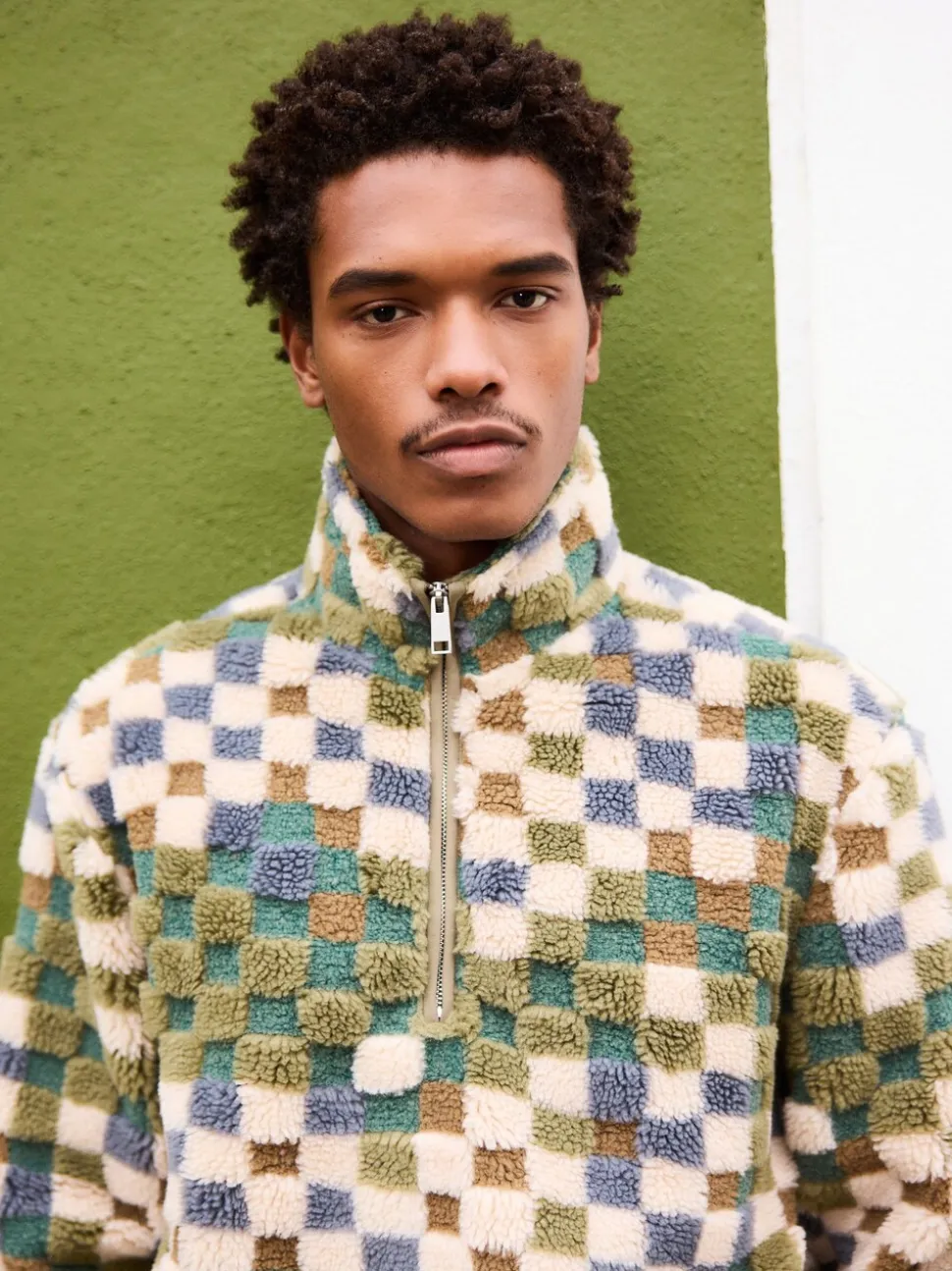 Blue/Tan Checkerboard - Half met rits - Fleece trui met print