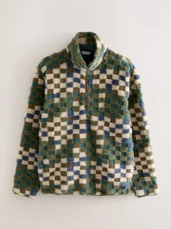 Blue/Tan Checkerboard - Half met rits - Fleece trui met print