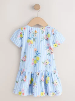 Blue/White Stripe Floral - Short Sleeve Cotton Dress (3mths-8yrs)