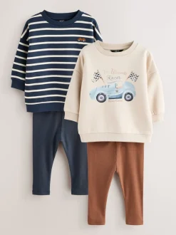 Blue/White Stripe/Car - Set van 2 sweatshirts en leggings (3mnd -7jr)
