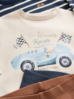 Blue/White Stripe/Car - Set van 2 sweatshirts en leggings (3mnd -7jr)