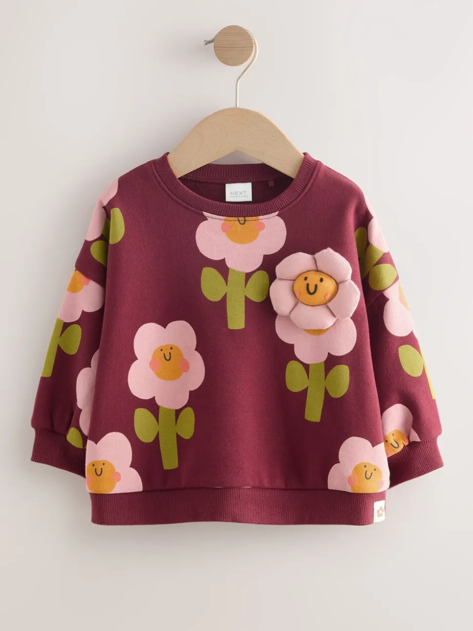 Bordeauxrode Smiley Bloemenprint - Sweatshirt met ronde hals (3 mnd-7 jr)
