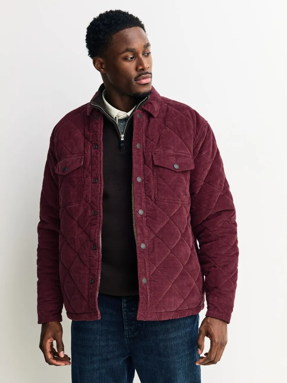 Bordeauxrood - Borg Lined Diamond Quilt Corduroy Shacket
