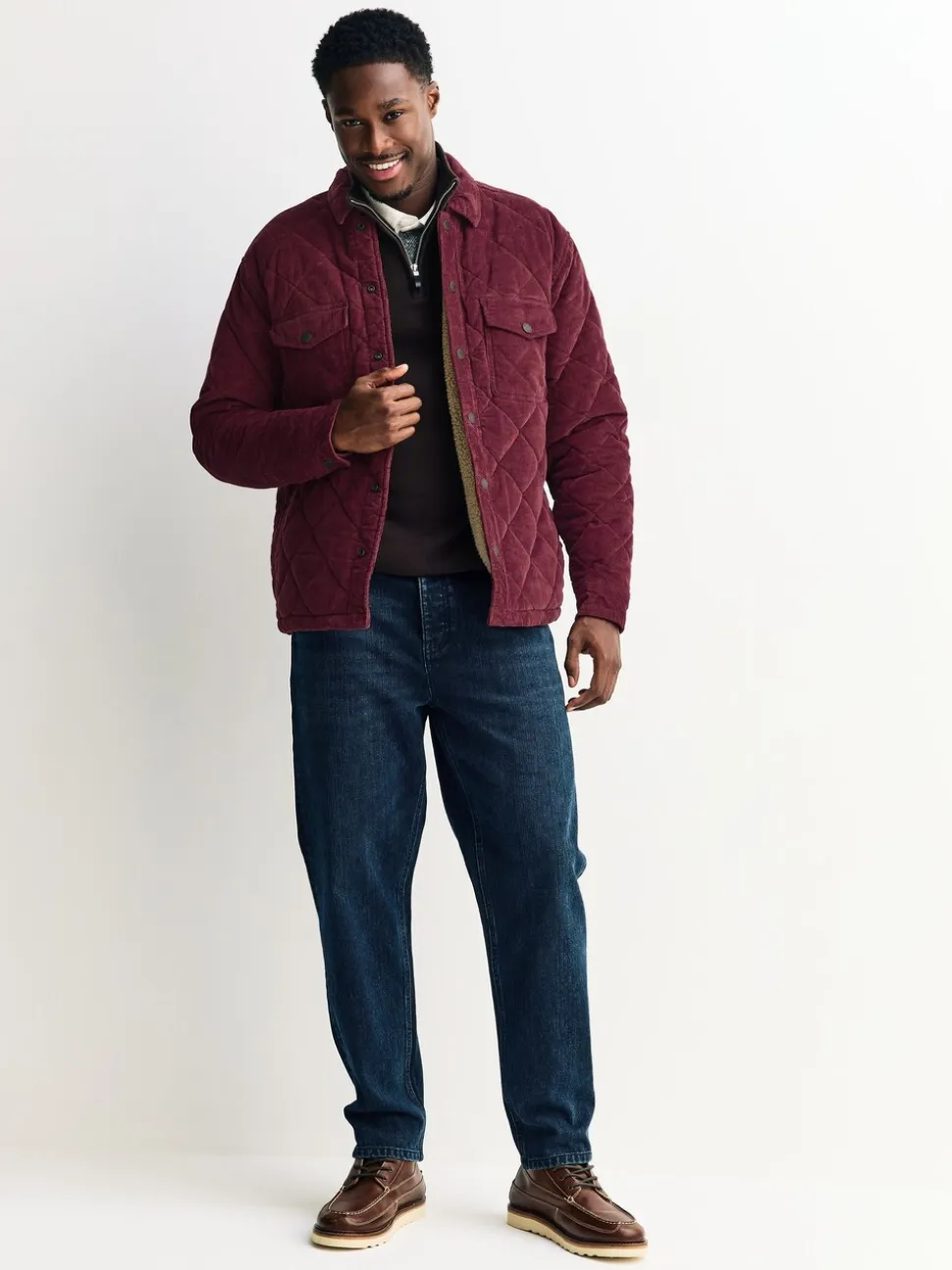 Bordeauxrood - Borg Lined Diamond Quilt Corduroy Shacket