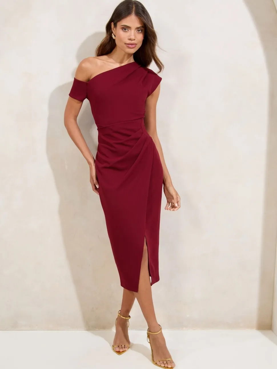 Bordeauxrood - Lipsy - Midi-jurk met blote schouders en gerimpelde taille