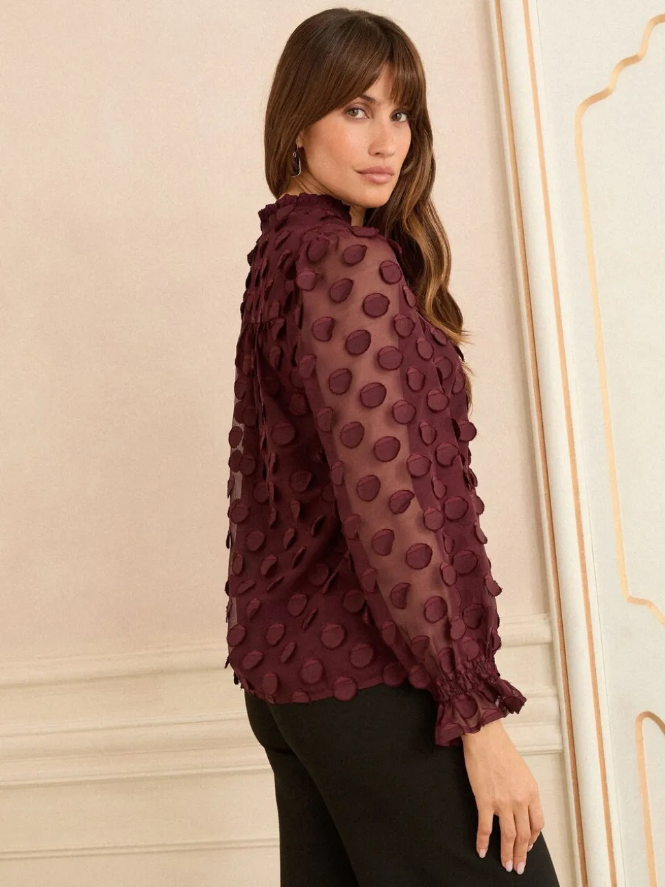 Bordeauxrood - Love & Roses 3D blouse met lange mouwen en stippen