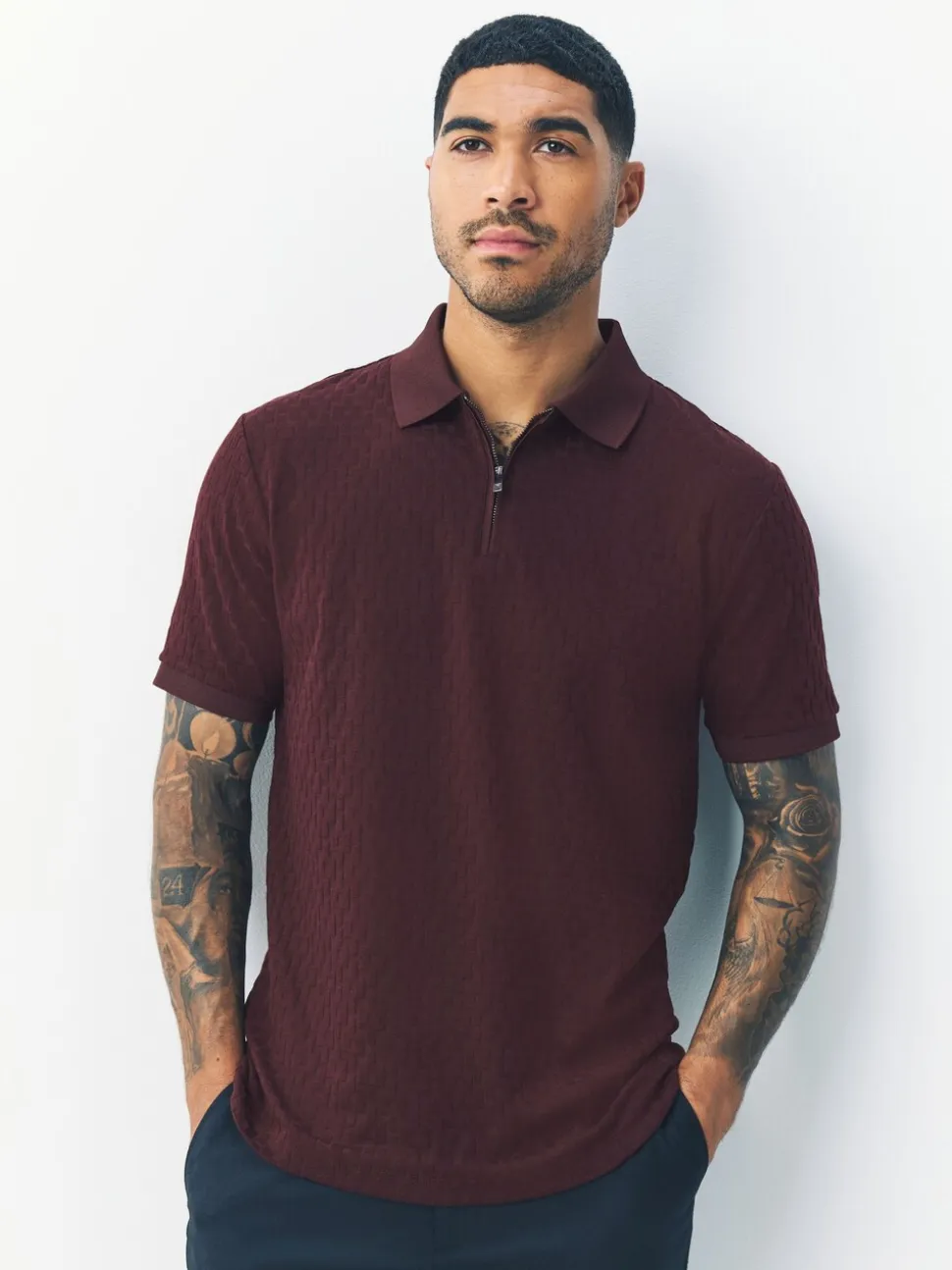 Bordeauxrood - Normale Pasvorm - Net jacquard poloshirt
