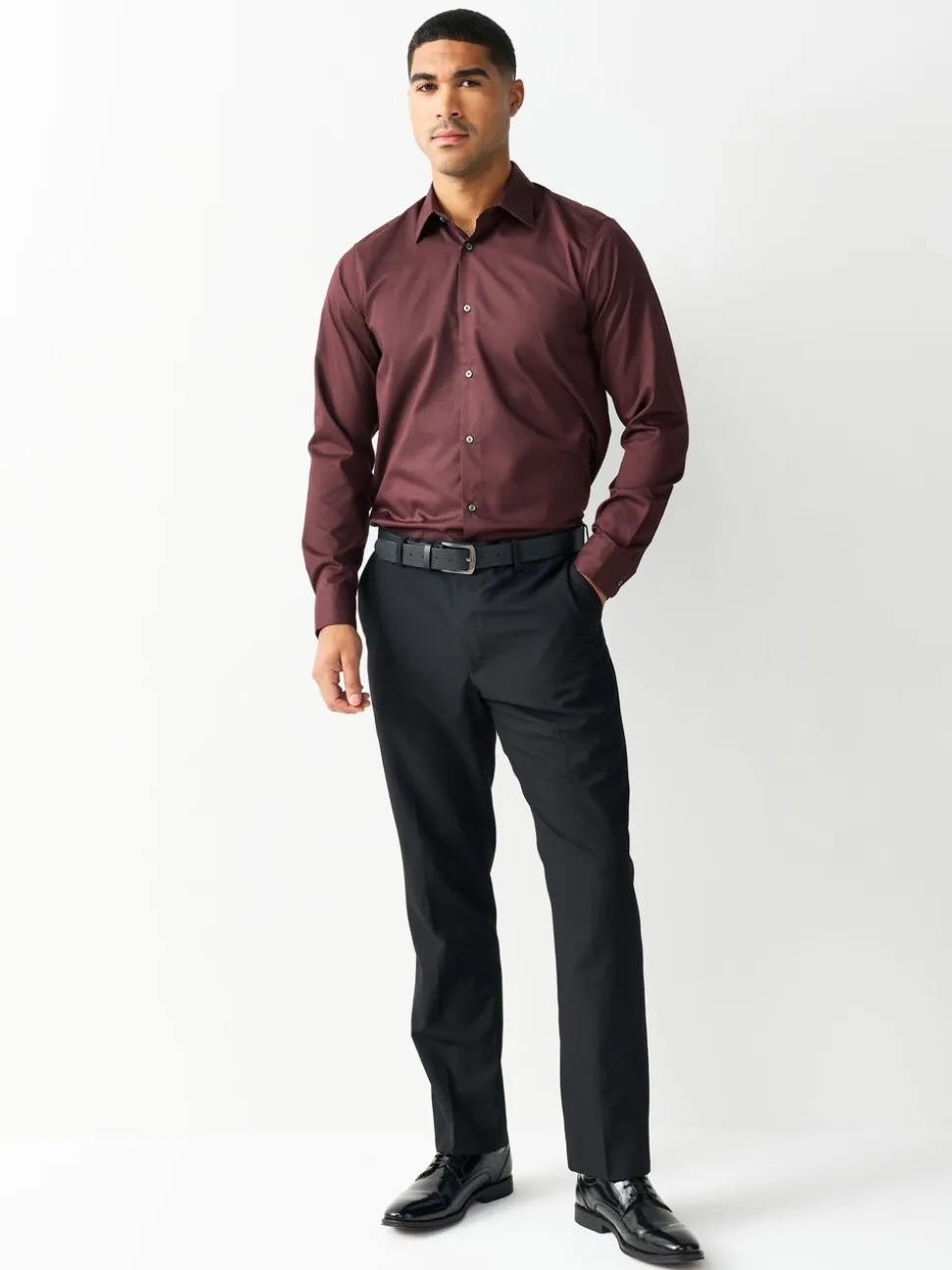 Bordeauxrood - Normale Pasvorm - Onderhoudsvriendelijk, getextureerd, slim fit overhemd met enkele manchet