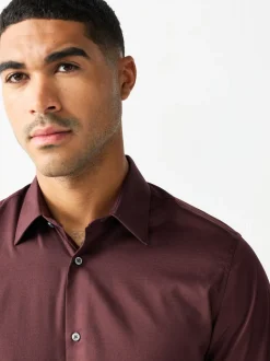 Bordeauxrood - Normale Pasvorm - Onderhoudsvriendelijk, getextureerd, slim fit overhemd met enkele manchet