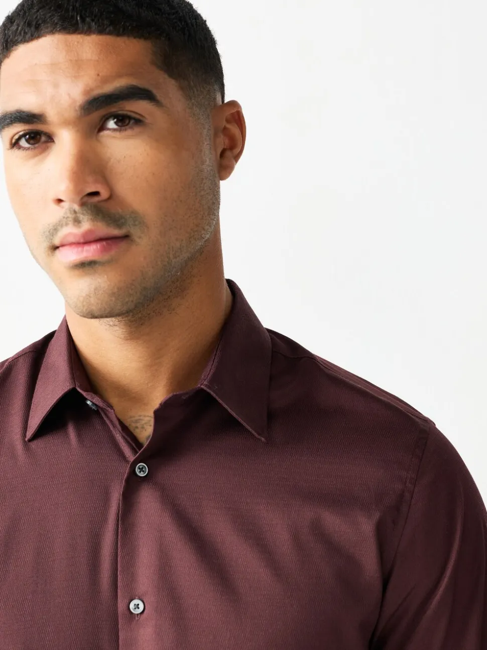 Bordeauxrood - Normale Pasvorm - Onderhoudsvriendelijk, getextureerd, slim fit overhemd met enkele manchet