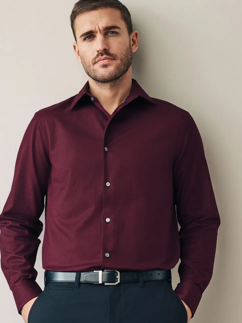 Bordeauxrood - Normale Pasvorm - Signature 100% katoenen overhemd met textuur